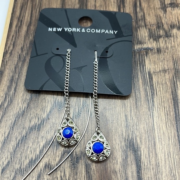 Tread earrings Silver Tone with Rhinestones and Blue Center Long Adjustable - Picture 6 of 8